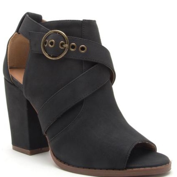 Qupid Shoes - Black Nubuck Open Toe High Heel Bootie